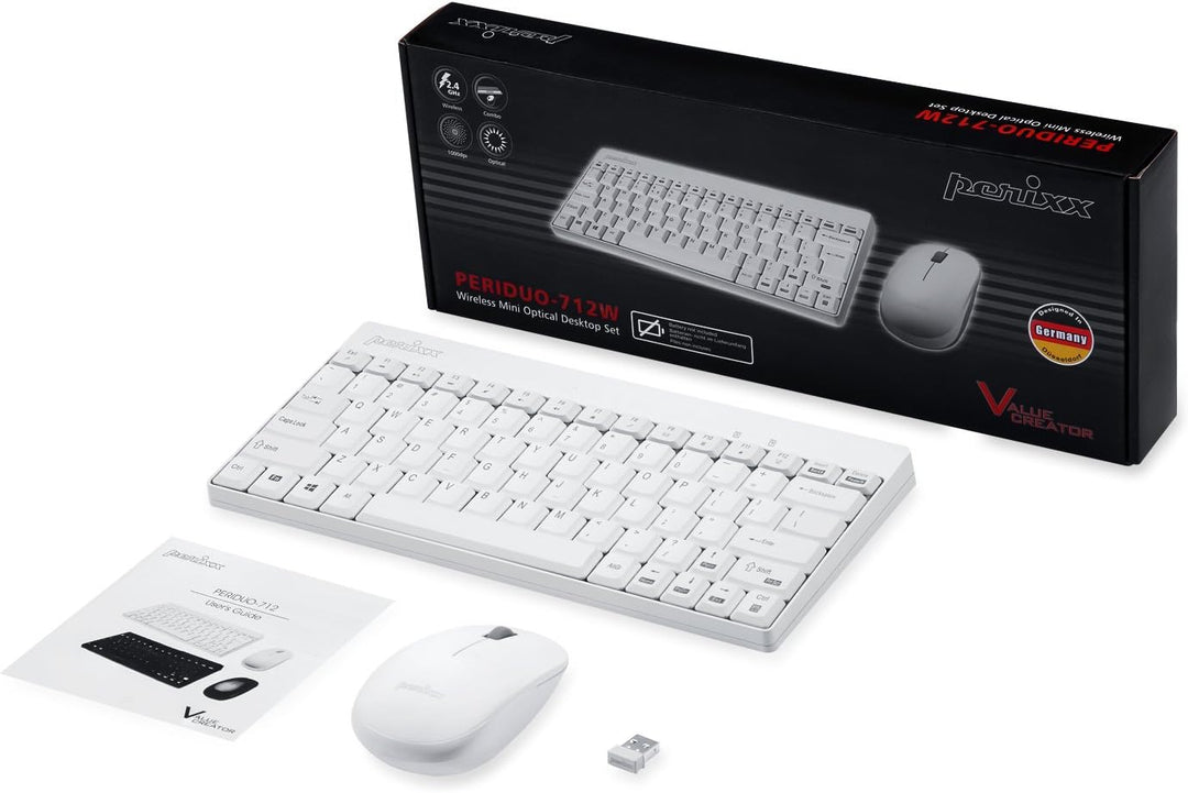 Perixx PERIDUO-712W Kabelloses Mini-Tastatur- und Maus-Set, Weiss, US-Englisches Layout White Weiss/