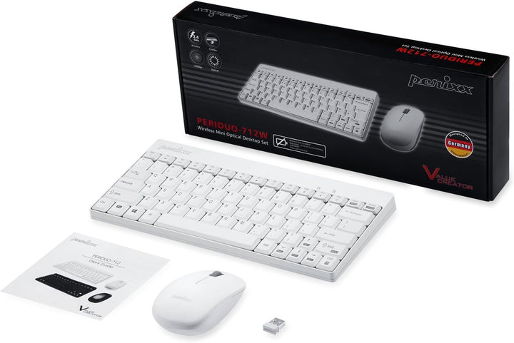 Perixx PERIDUO-712W Kabelloses Mini-Tastatur- und Maus-Set, Weiss, US-Englisches Layout White Weiss/