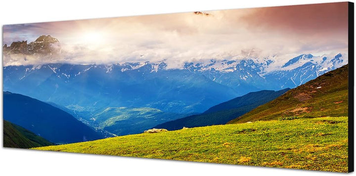 Paul Sinus Art Panoramabild auf Leinwand und Keilrahmen 150x50cm Georgien Kaukasus Berge Schnee Wolk