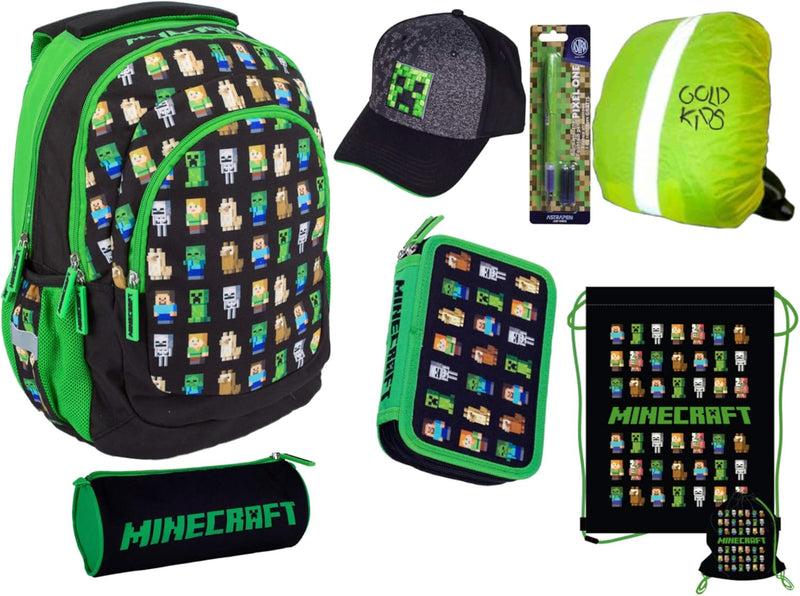 7er Set Schulrucksack Ranzen Federmappe Turnbeutel Minecraft Motiv erste Klasse Mütze Füller Game Re