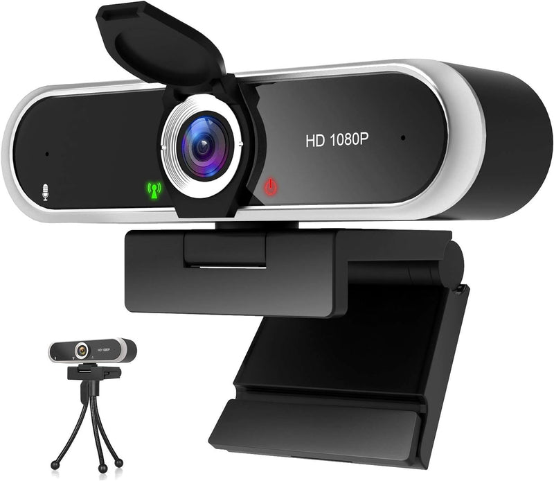 Webcam 1080P mit Mikrofon und Webcam Abdeckung, Stativ, Plug & Play, mit automatischer Lichtkorrektu