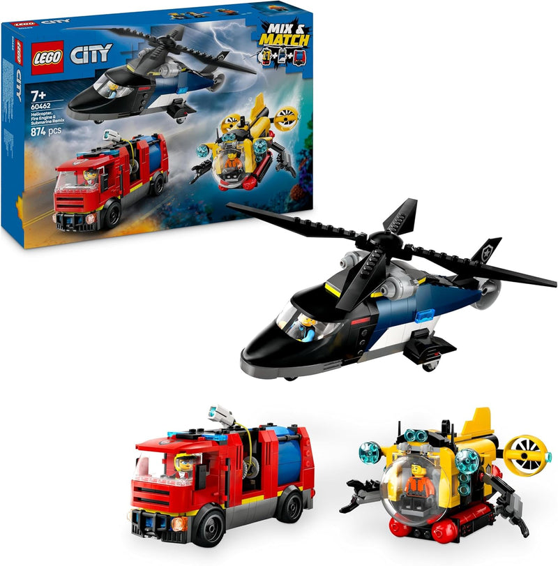 LEGO City Kombinationsset mit Hubschrauber, Löschauto und U-Boot und 3 Minifiguren - Baubare Spielze