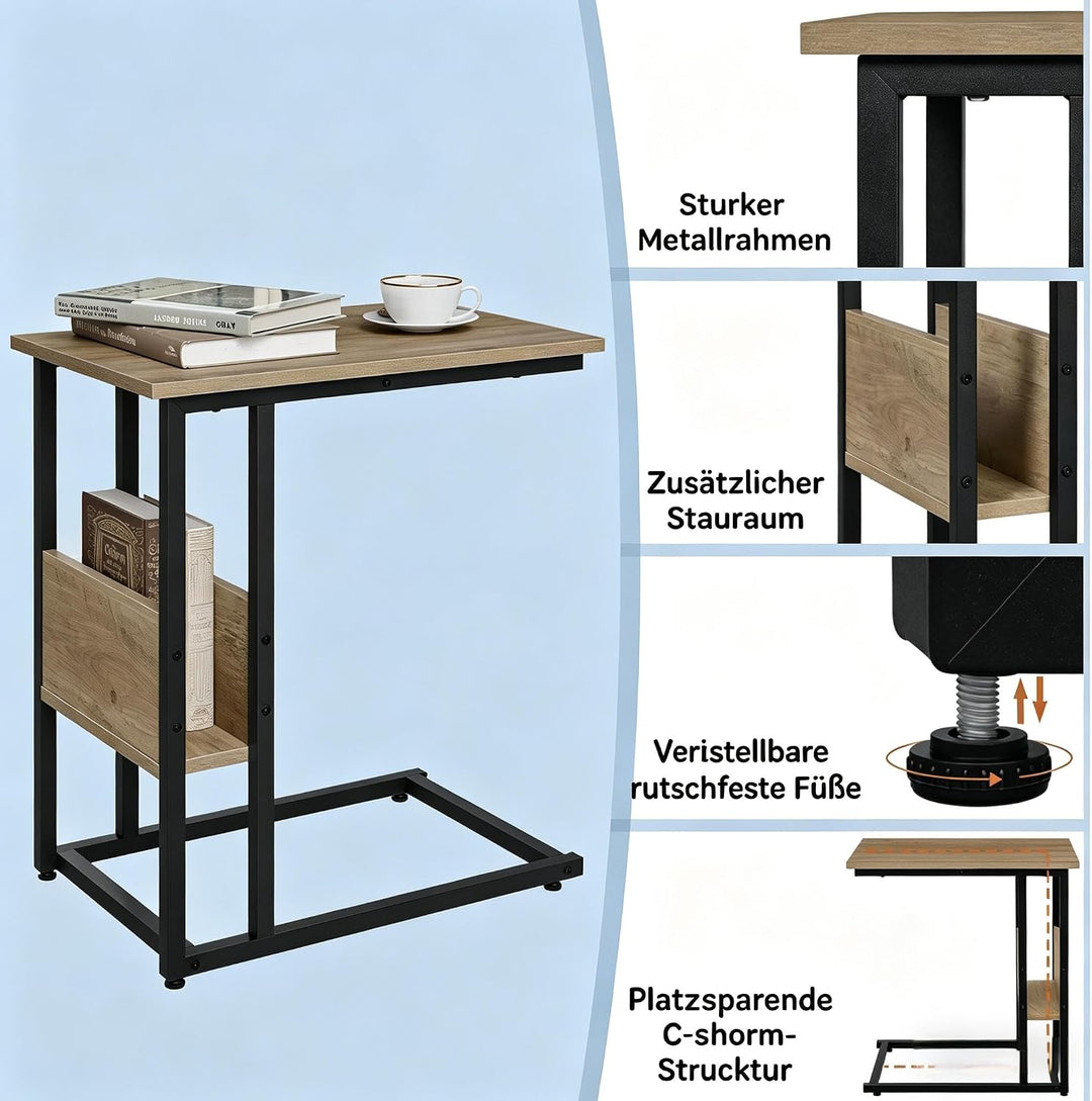 Taikonaut Stabiler Beistelltisch, Couchtisch, schmaler Laptoptisch in C-Form, grau, Holz-Effekt, Sof