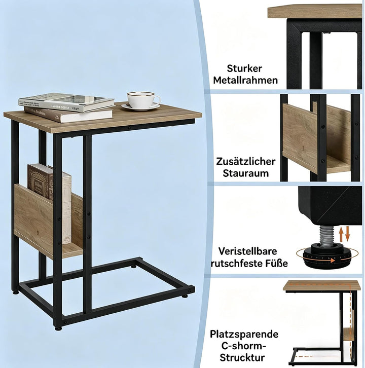 Taikonaut Stabiler Beistelltisch, Couchtisch, schmaler Laptoptisch in C-Form, grau, Holz-Effekt, Sof
