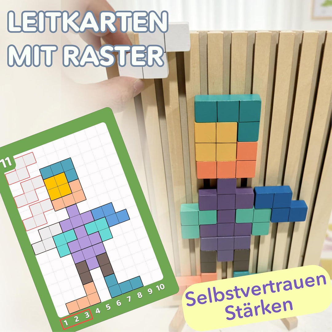 Montessori Holzpuzzle Tetris-Stil – 42 Teile Gehirntraining Blöcke mit nummeriertem Brett (1-10) & 1