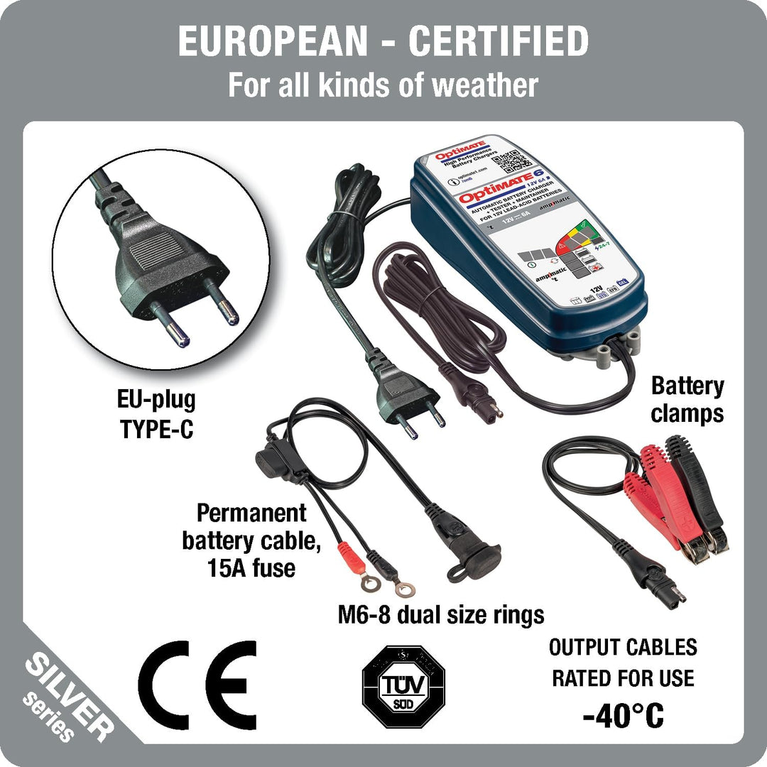 Optimate TecMate 6 Ampmatic, TM360, 9-stufiges gekapseltes batterieschonendes 12V 6A Lade- & Wartung