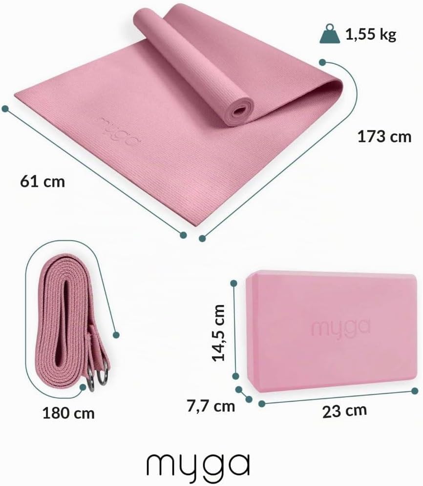 Myga Yoga-Starter-Set – Yogamatte, Yoga-Blöck Ziegel &amp; Metall D-Ring Yoga-Gurt – Starter Kit für Anf