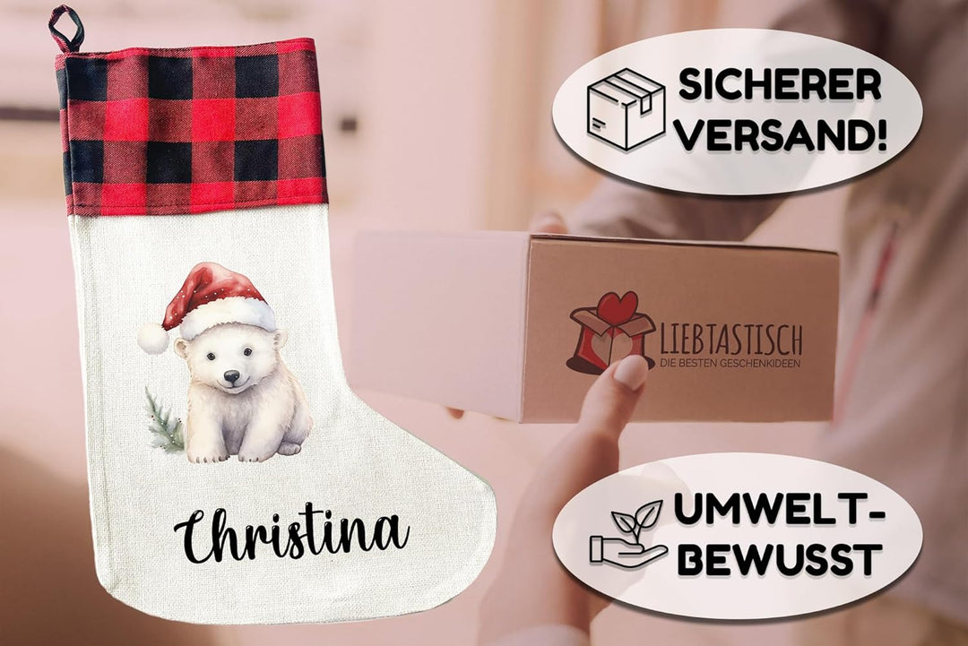 LIEBTASTISCH - Personalisierte Weihnachtssocken mit Tieren - 40cm x 30cm - Weihnachtsstrumpf zum Nik
