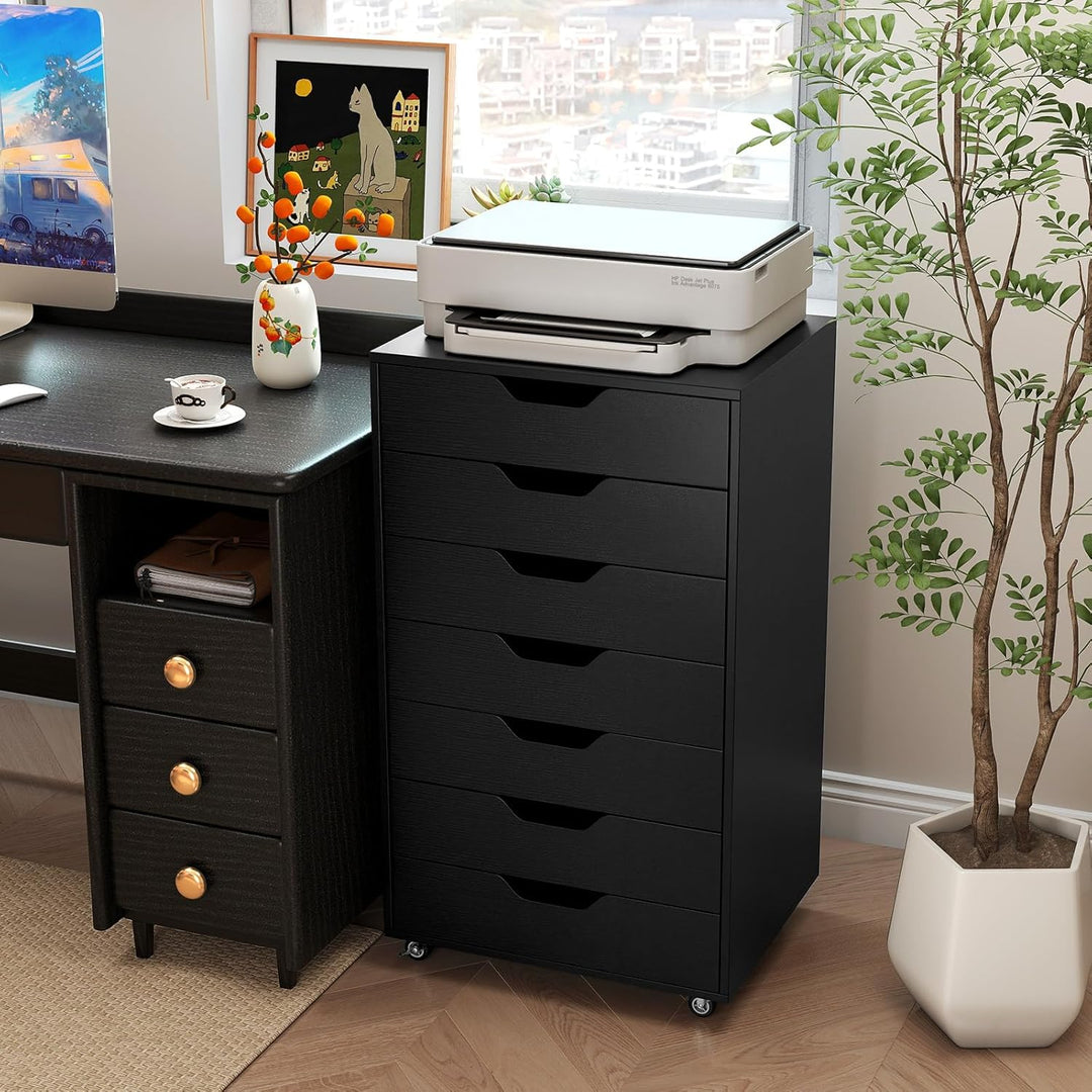 GIANTEX Rollcontainer mit 4 Schubladen & 2 Schränke, Aktenschrank mit Rollen, Schubladenschrank Holz