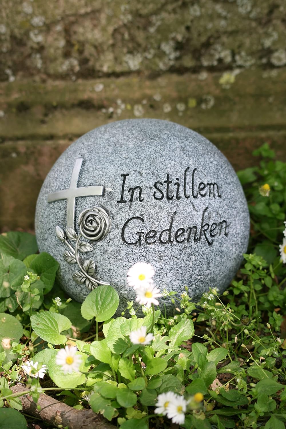 Bambelaa! Grab-Dekokugel Trauerartikel Friedhof Inschrift "In stillem Gedenken" Steinharz Grau Ca. 1