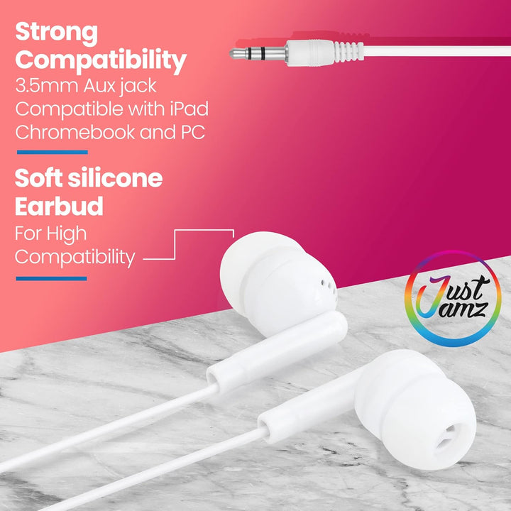 JustJamz® Basic | 50 Stück | Schüttgut einfache Ohrhörer, perlweisse In-Ear-Ohrhörer, 3.5-mm-Audiobu