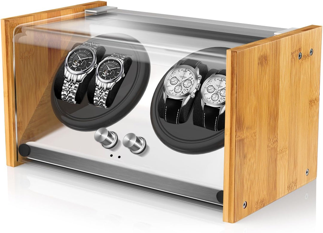 Watch Winder Smith Uhrenbeweger aus Bambusholz und Metall für 4 Uhren,