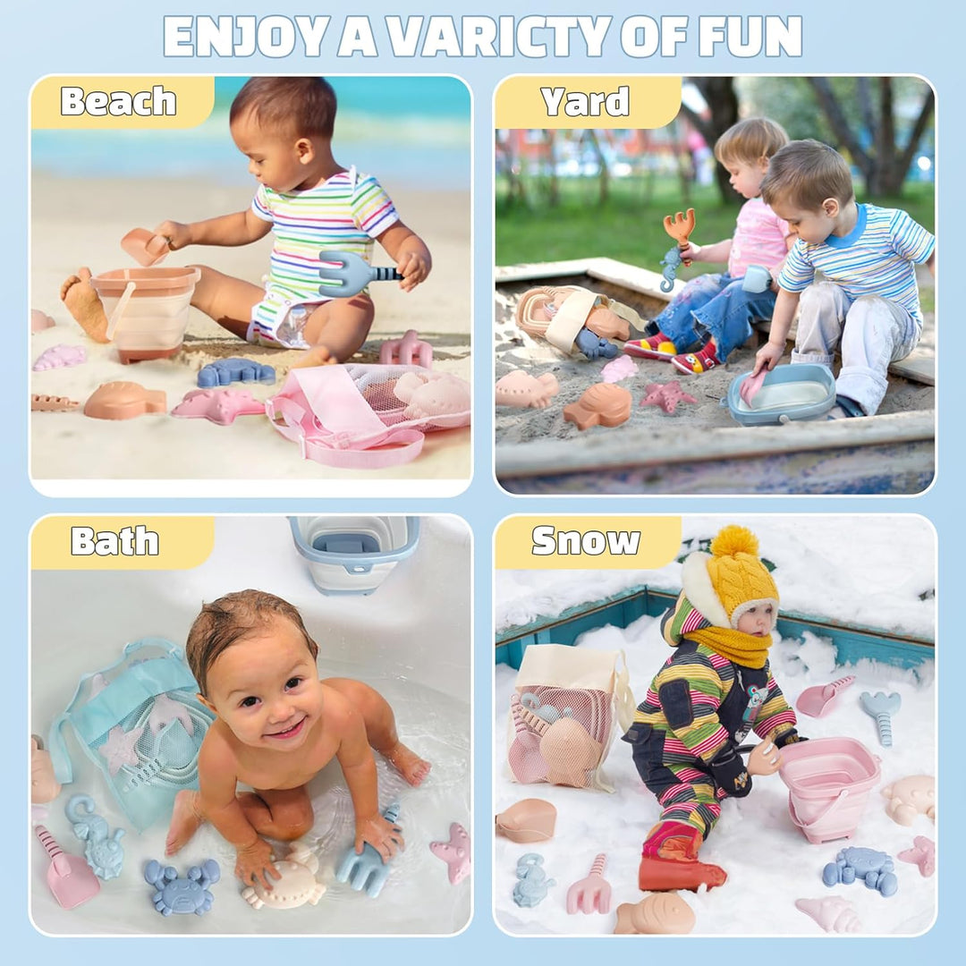 Dreamon Sandspielzeug Strandspielzeug Kinder, 18 PCS Reise Sandspielzeug mit Faltbarer Eimer, Sandka