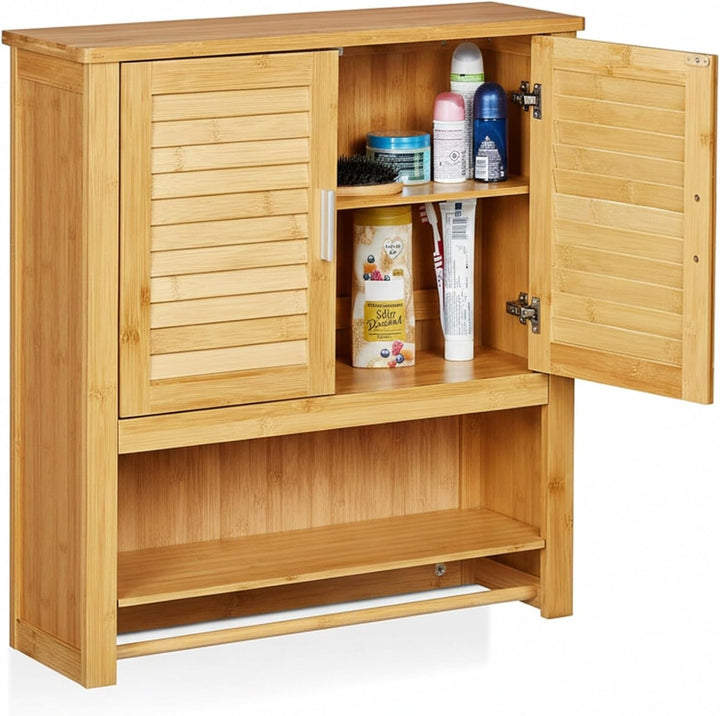 Relaxdays Hängeschrank LAMELL Bambus, mit Handtuchhalter, 3 Ablagen, 2 Türen, Badschrank, HBT: 66 x