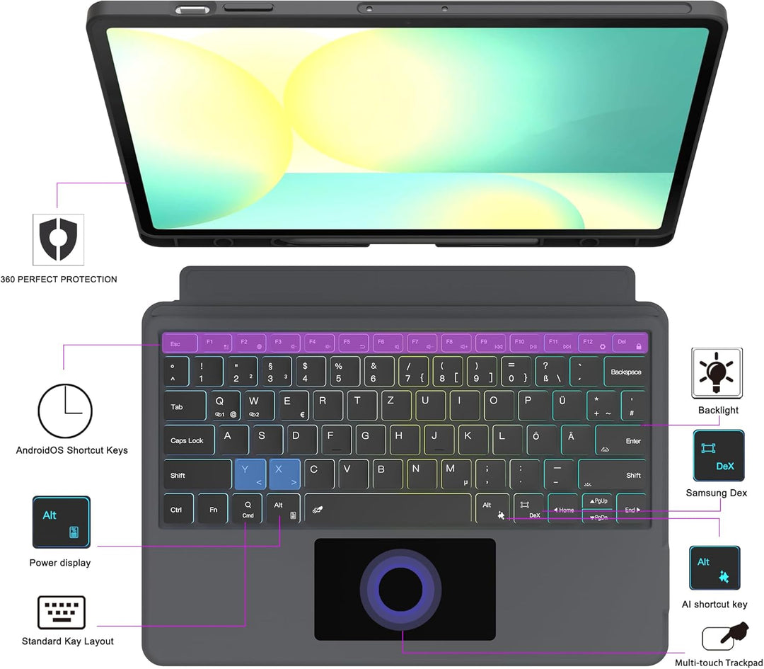 Ai Key Tastatur für 13.1" Samsung Galaxy Tab S10 FE+ Plus : DEX-Modus mit einem Klick, Auto Aufwache
