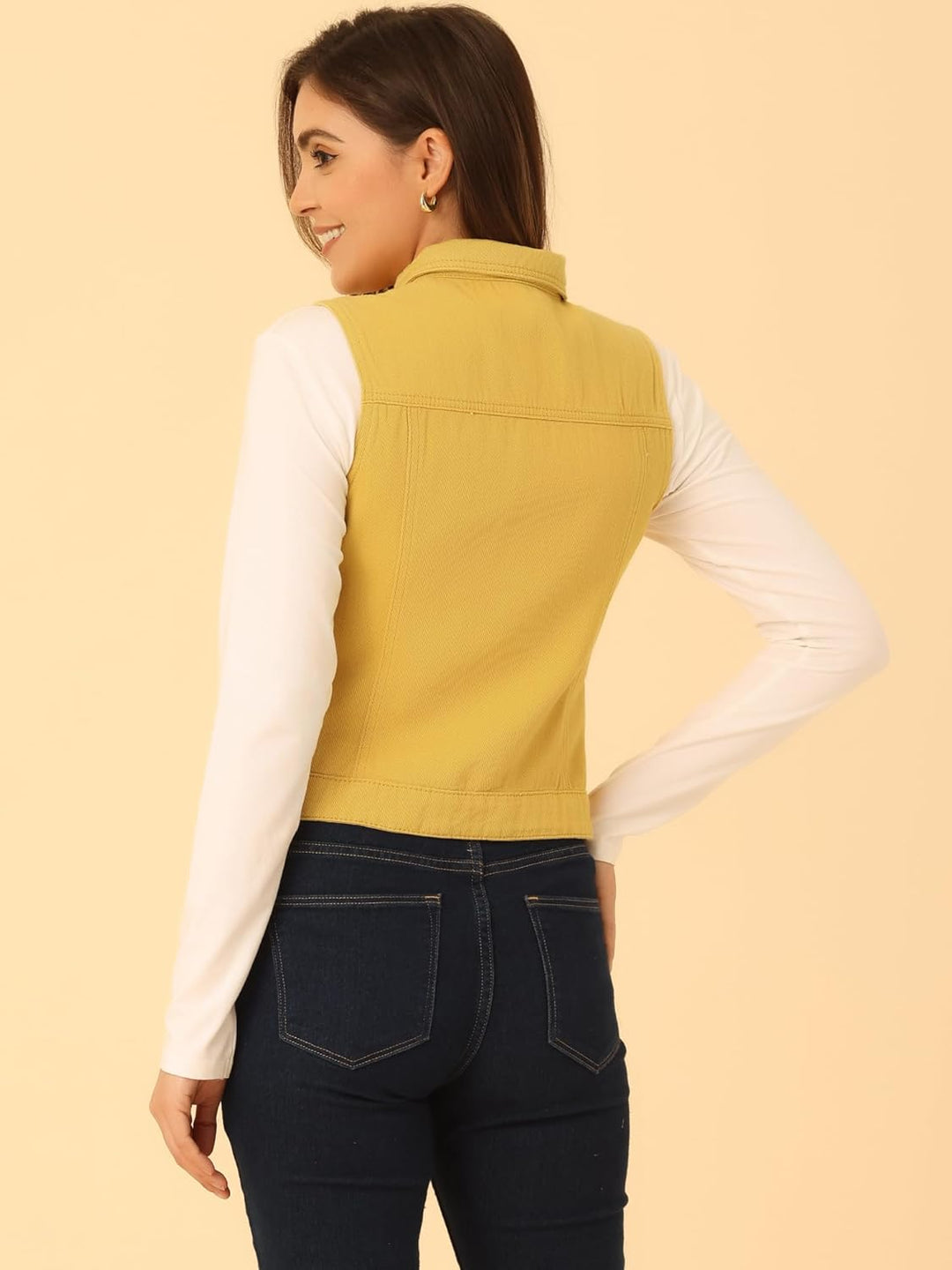 Allegra K Damen Jeansweste Ärmellos Knopfleiste Denim Rever Jacke Westen mit Taschen XL Gelb, XL Gel