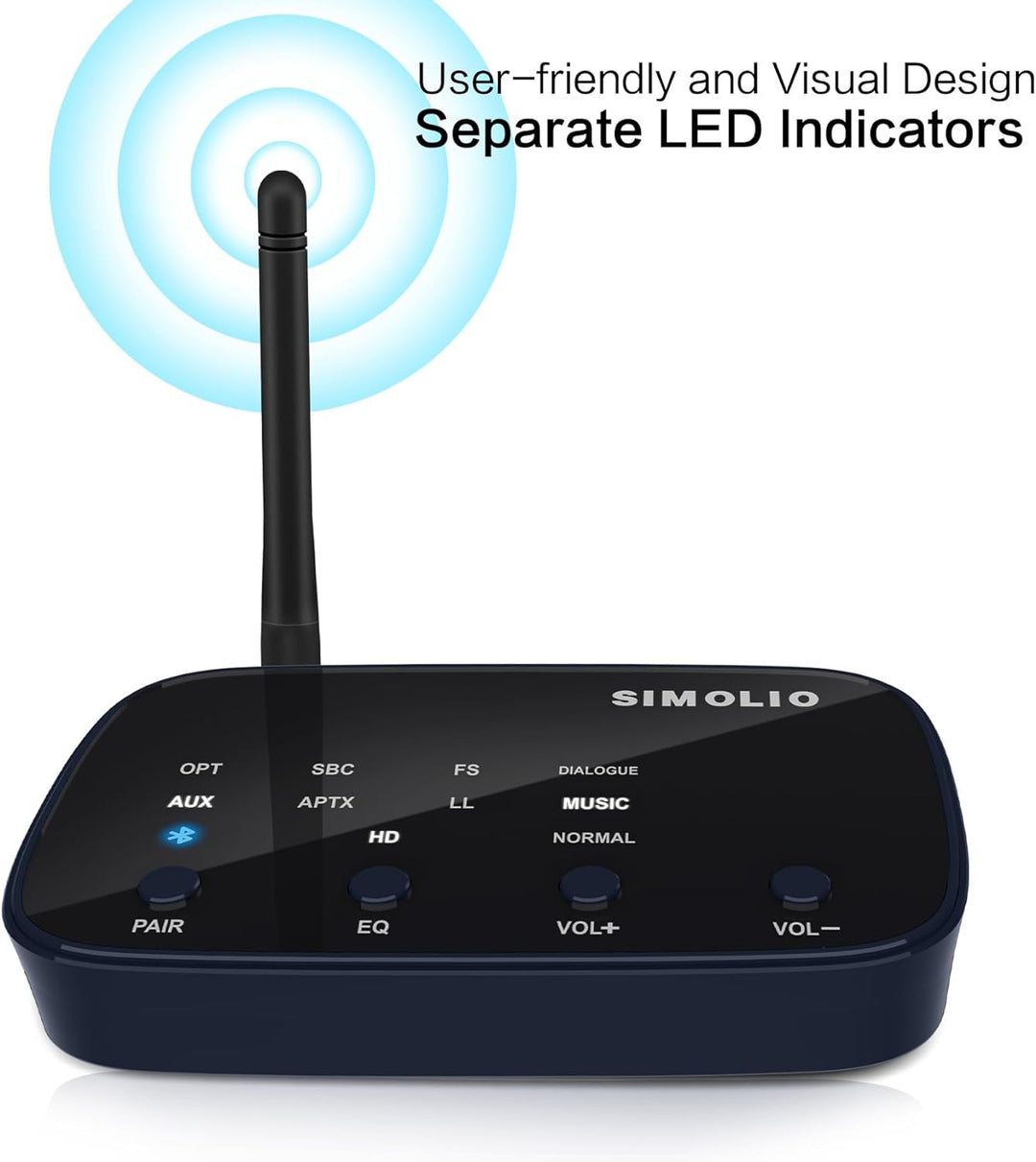 SIMOLIO Bluetooth Empfänger für Stereoanlage, Bluetooth 5.0 Receiver HiFi mit Cinch/3,5mm AUX/optisc