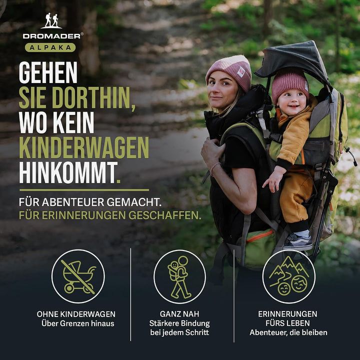 Dromader Kraxe Kindertrage bis 22kg – Kindertrage Wandern mit Sonnendach, Regenschutz, Thermotasche,