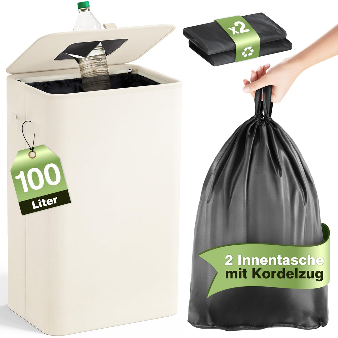 Pfandflaschen Sammelbehälter mit Deckel 100L, Gross Pfandflaschen Behälter mit 2 Tragetasche, Flasch