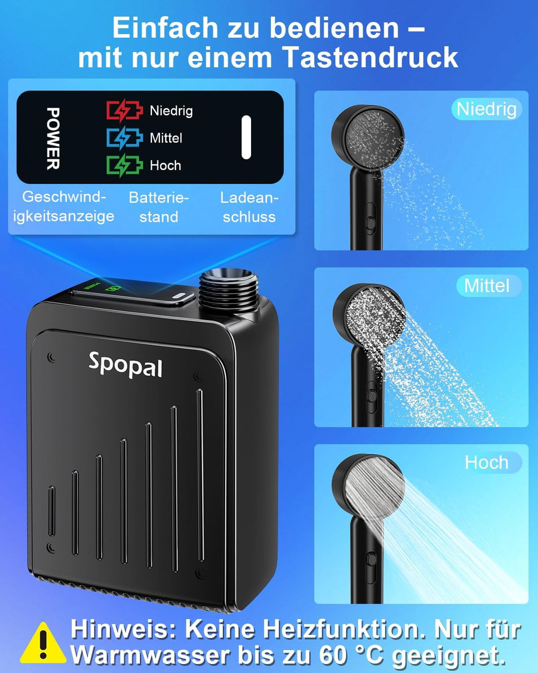 Spopal Campingdusche kompakt, IPX8 wasserdicht, tragbare Campingdusche mit Farbiger Stufenanzeige, D