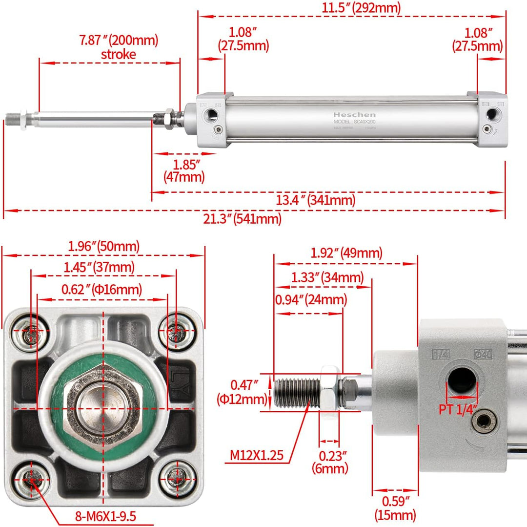 Heschen Pneumatischer Standard-Luftdruckzylinder, SC 40-200, PT1/4'' Anschluss, 40mm Bohrung, 200mm