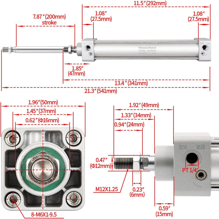 Heschen Pneumatischer Standard-Luftdruckzylinder, SC 40-200, PT1/4'' Anschluss, 40mm Bohrung, 200mm