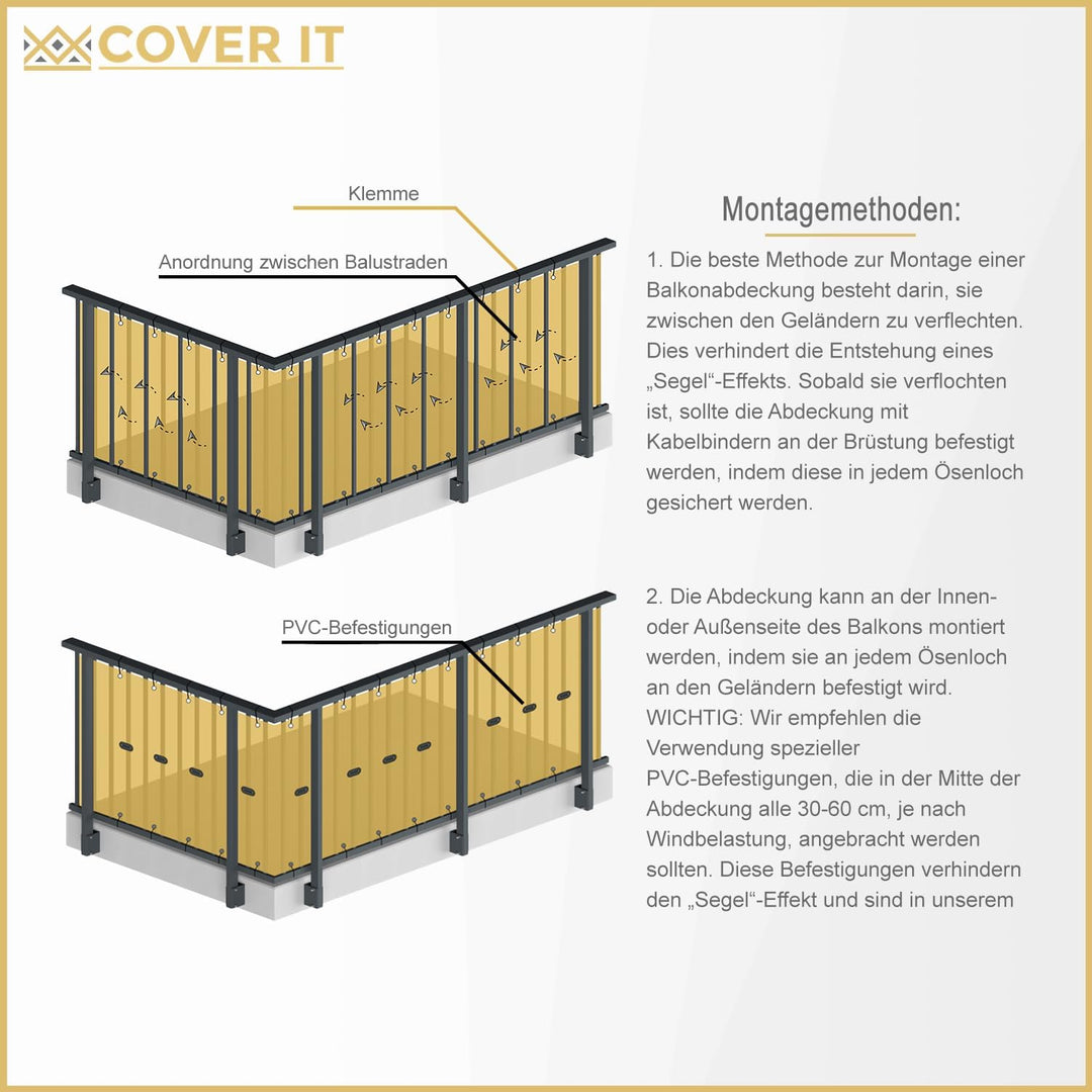 COVER IT Balkon Sichtschutz 95 x 700 cm Graphit | Balkonsichtschutz ohne Bohren mit Ösen für Balkon,