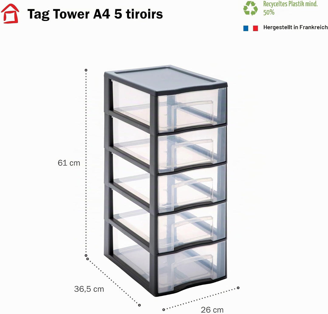 SUNDIS Tag Tower, schubladenbox aus Kunststoff, grau, 5 transparente Schubladen im A4-Papierformat,