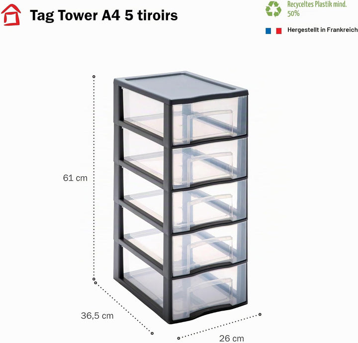 SUNDIS Tag Tower, schubladenbox aus Kunststoff, grau, 5 transparente Schubladen im A4-Papierformat,