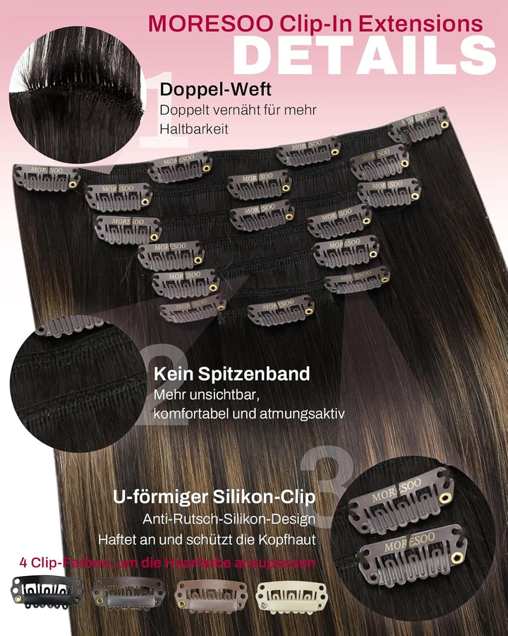 Moresoo Clip in Extensions Echthaar Balayage Braun Haarverlängerung Echthaar Clip Extensions Echthaa