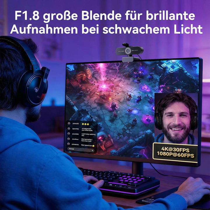 EMEET C60E 4K Webcam für Streaming & Gaming, PDAF-Autofokus, Dual-Mikrofone, Live-Streaming-Kamera m