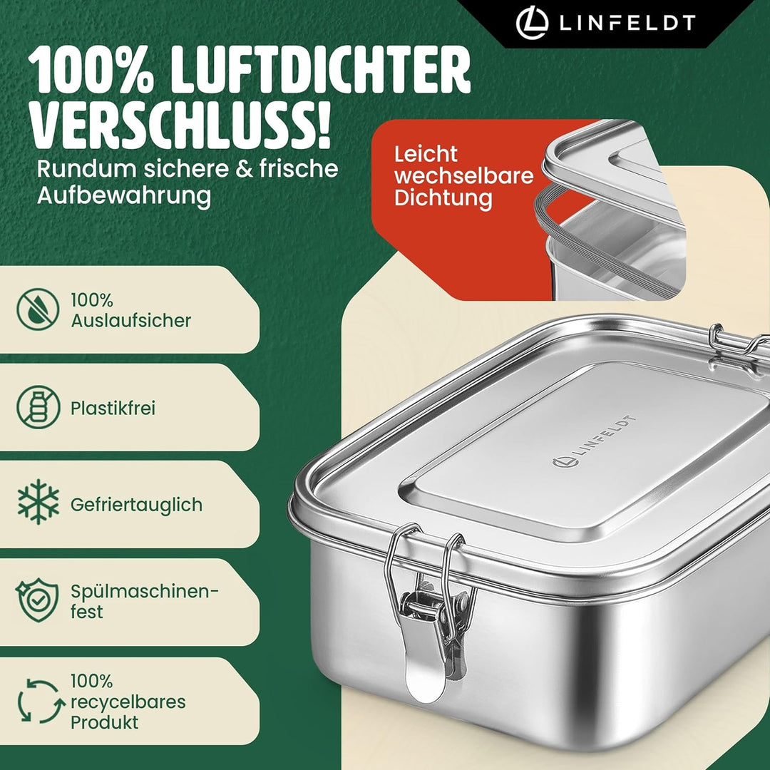 LINFELDT® Brotdose Edelstahl mit Fächern 1000ML - TOP EDELSTAHL BROTDOSE | Lunchbox Edelstahl - Brot