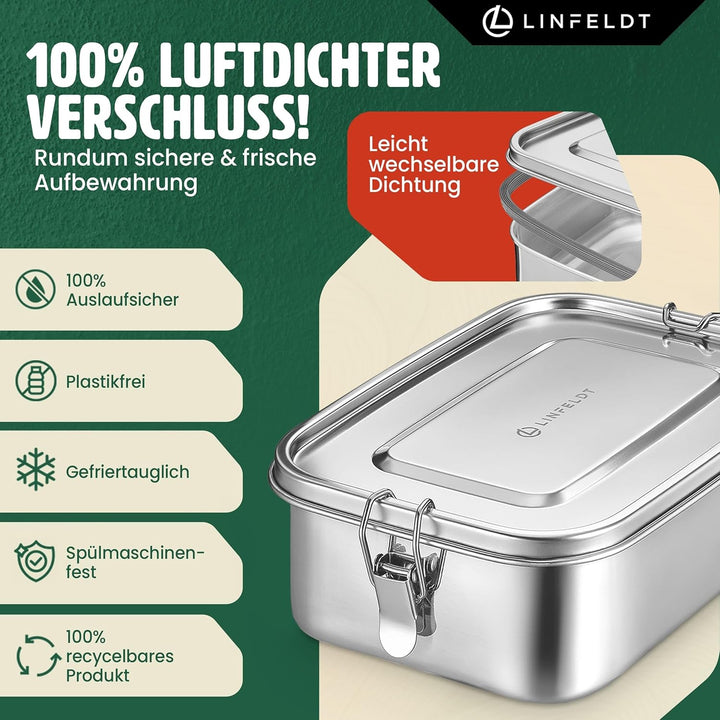 LINFELDT® Brotdose Edelstahl mit Fächern 1000ML - TOP EDELSTAHL BROTDOSE | Lunchbox Edelstahl - Brot