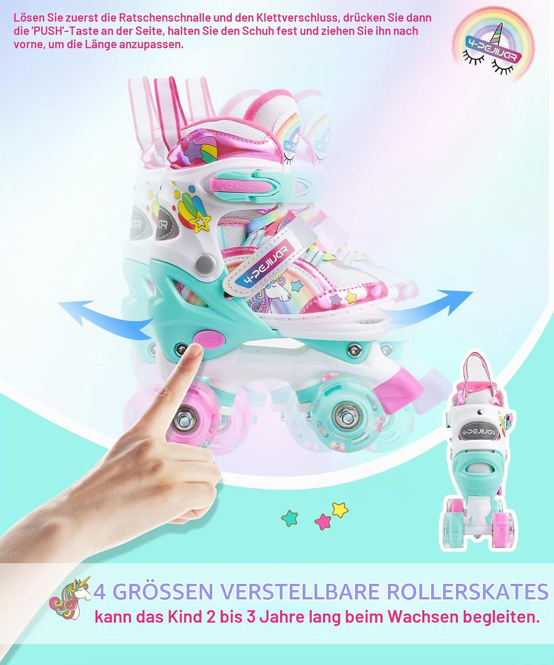 Kinder Einhorn Rollschuhe für Mädchen.Geeignet für 3-6 Jahre alt. Mit Leuchtenden Rädern,4-Pejiijar