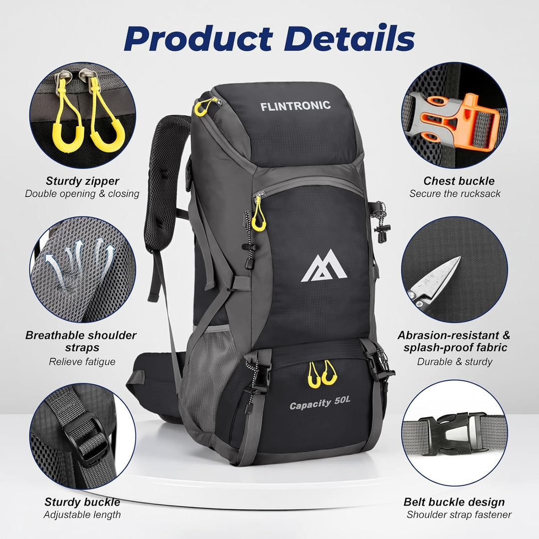 flintronic Wanderrucksack Herren Damen 50L, Outdoor Rucksack Trekkingrucksack, Leichter Wasserdichte