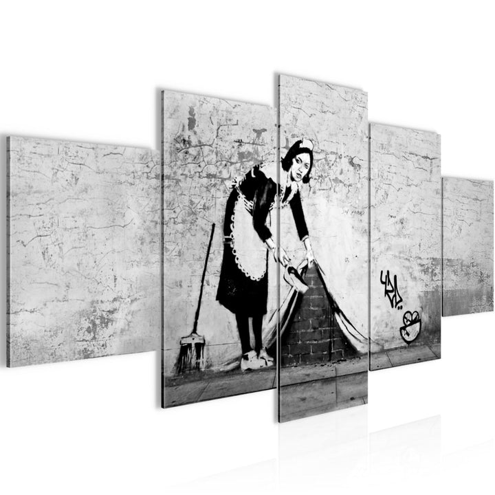 Runa Art Wandbilder Maid Banksy 5 Teilig Bild auf Vlies Leinwand Deko Loft Wohnzimmer Art Schwarz We