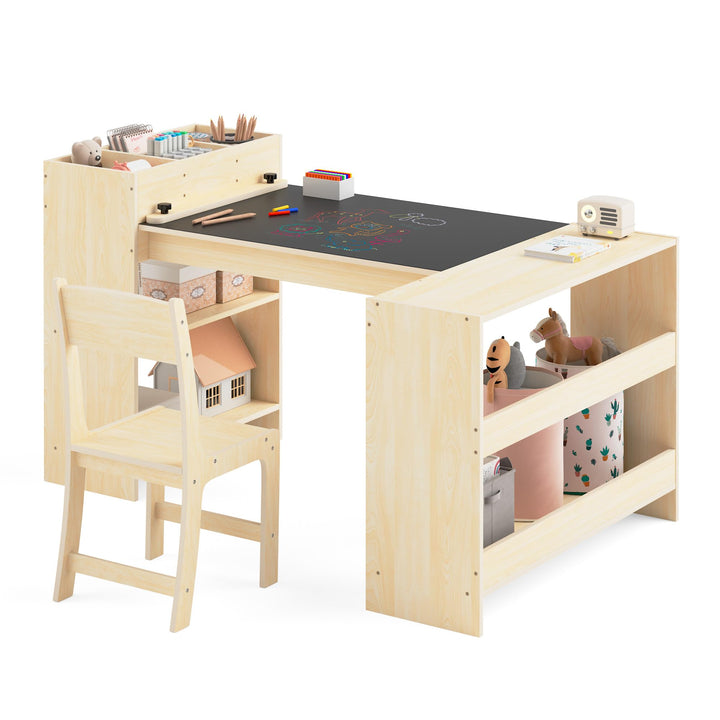 Kinder-Kunsttisch und 1 Stuhl Set, Maltisch mit Malrolle & Aufbewahrung, höhenverstellbarer Holz-Tis