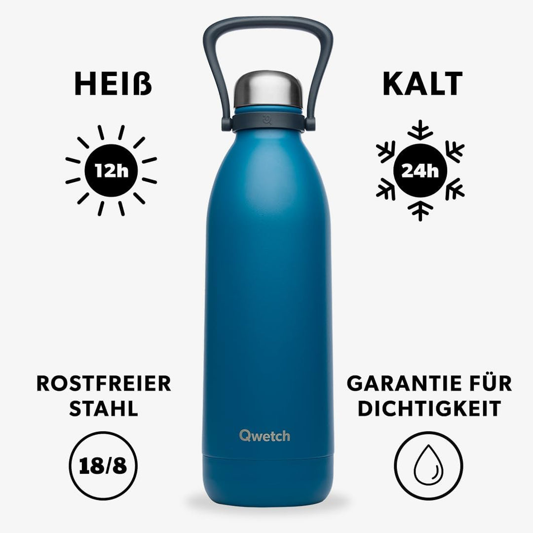 QWETCH - Isothermische Flasche - Titan Matt blau 1,5L - 48h kalt & 16h heiss - BPA frei, wasserdicht