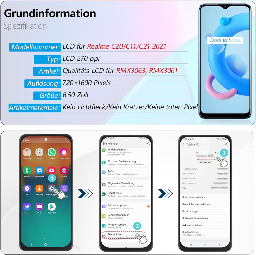 RongZy Display für Realme C20/C11/C21 2021 RMX3231 LCD Bildschirmersatz Digitizer Touchscreen Montie