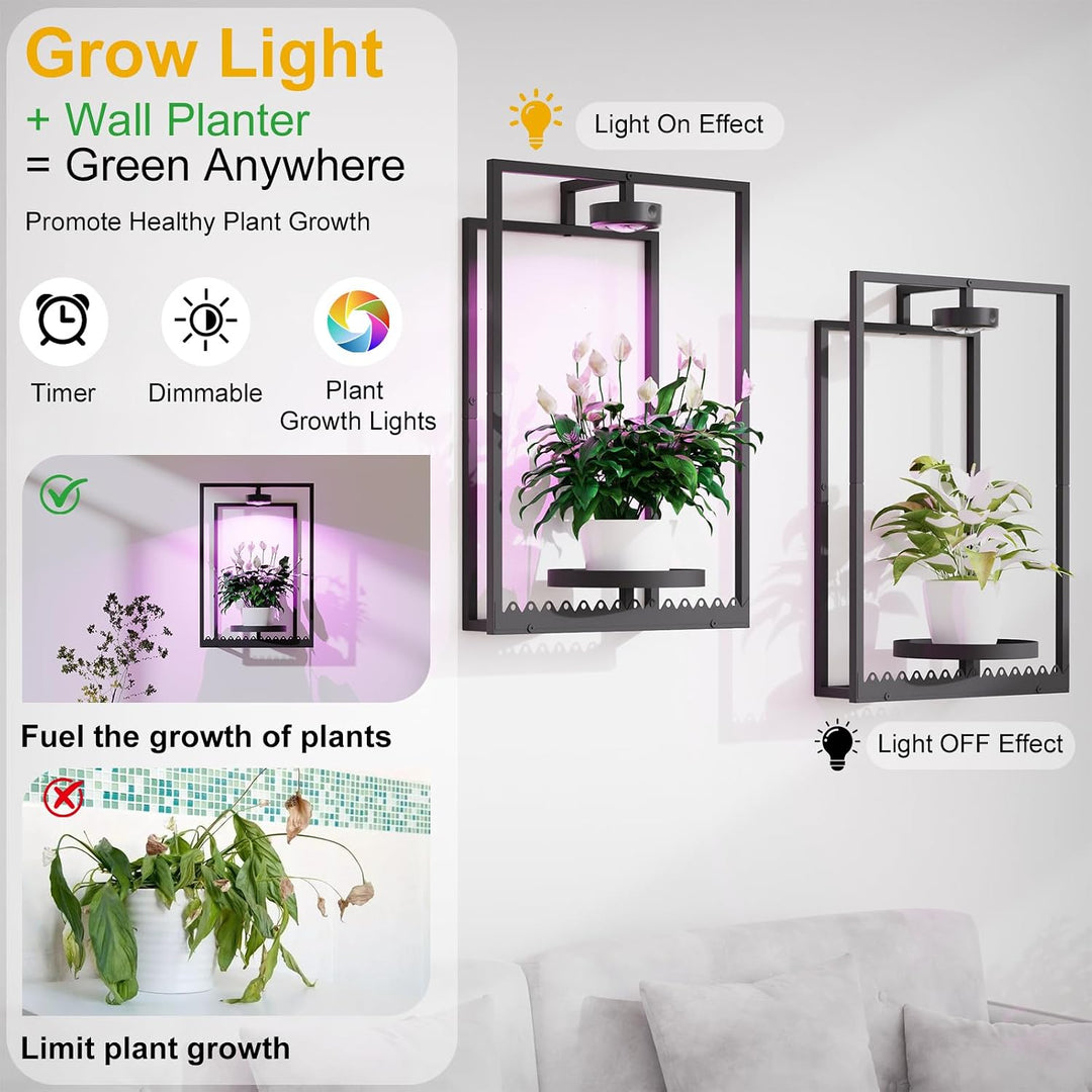 Frame Plant Wall Stand with Grow Light, Black Display Wall Plant Holder for Hanging Plants Medium 2,