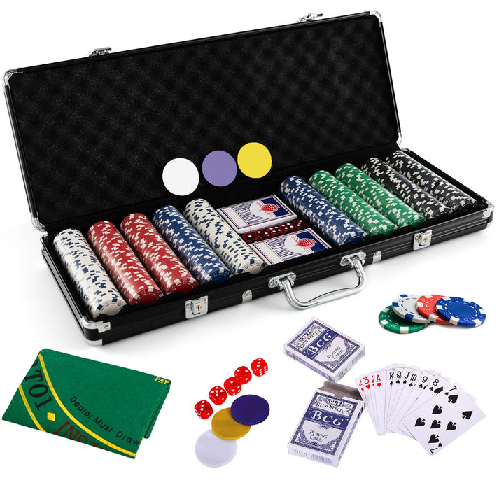 HOMASIS Pokerset mit 500 Chips, Poker Koffer mit 2 Kartendecks, 5 Würfel, Kasino-Matte, 3 Dealer But