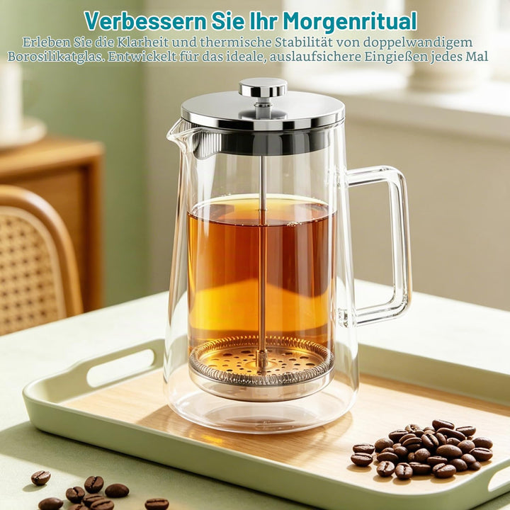 French Press 1 Liter, Grosse Kaffeebereiter, Thermo Doppelwand Design, Kaffeebereiter aus Borosilika