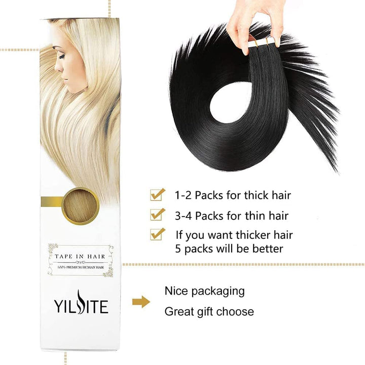 YILITE Tape Extensions Echthaar, Jet Black 35cm 20 Stück/Packung 40g Tape in Extensions Echthaar Inv