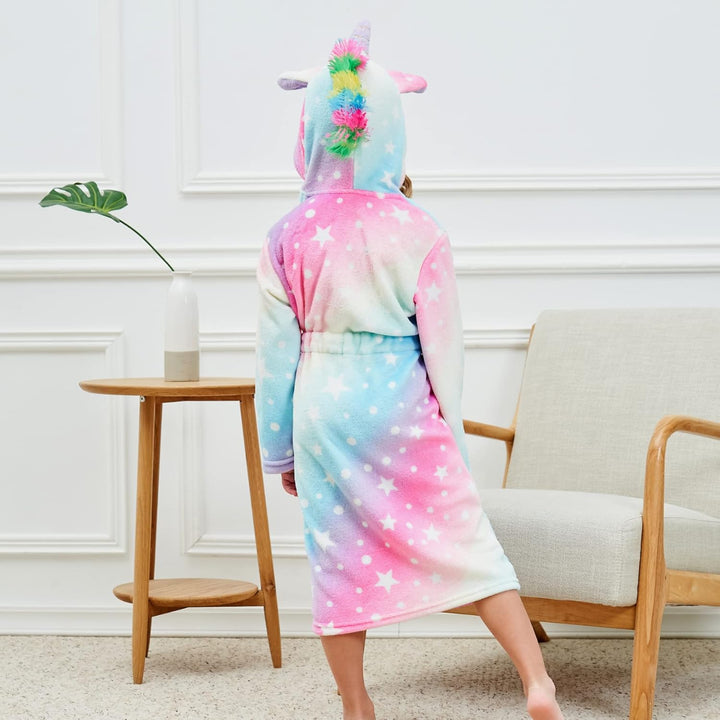 Ceruwum Einhorn Bademantel für Mädchen Weich Fleece Morgenmäntel mit Kapuze 3-4 Jahre Rosa/Blau, 3-4