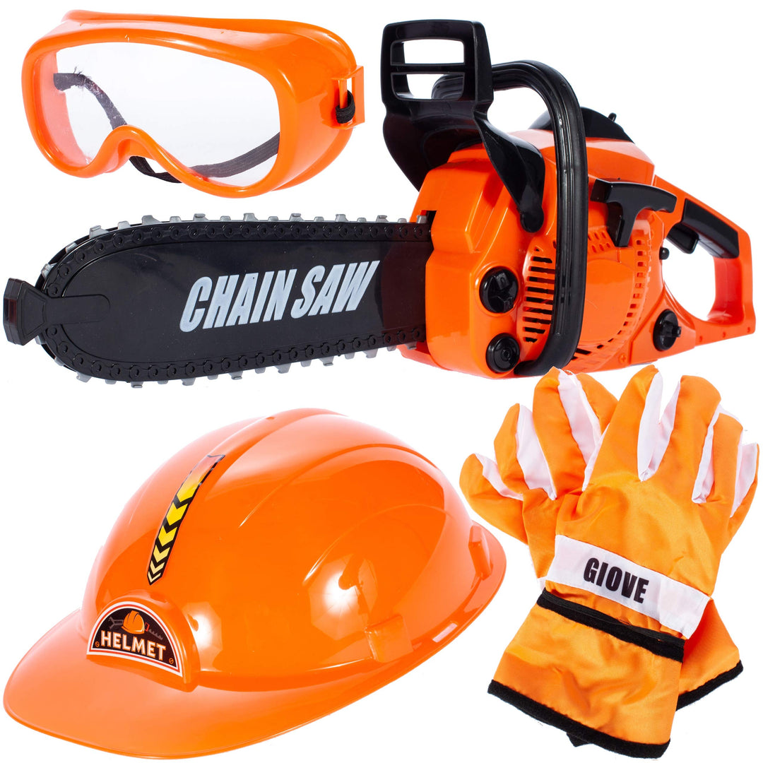 MalPlay Kinderwerkzeug Set mit Kettensäge, Helm, Handschuhe und Arbeitsbrille | Bewegung Geräusche M