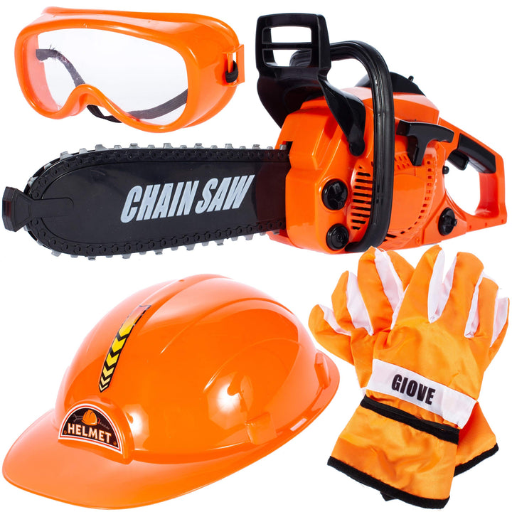 MalPlay Kinderwerkzeug Set mit Kettensäge, Helm, Handschuhe und Arbeitsbrille | Bewegung Geräusche M