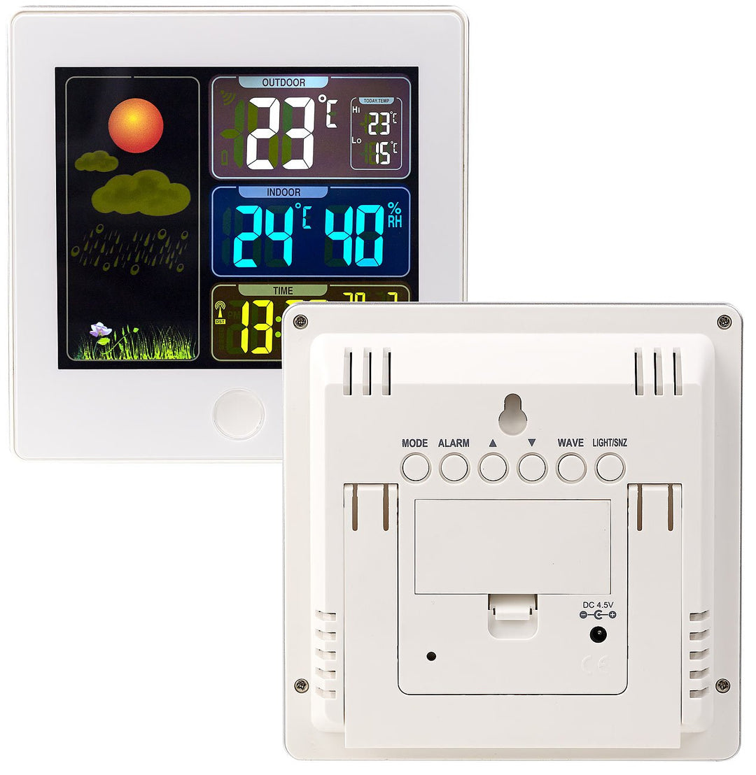 infactory Tischuhren: Funk-Wetterstation mit Aussensensor, Farbdisplay, Funkuhr, Wecker, weiss (Funk