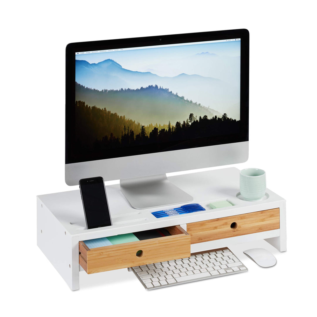 Relaxdays Monitorständer Bambus, Bildschirmerhöhung mit 2 Schubladen & Fächern, Lapdesk HBT 14 x 60