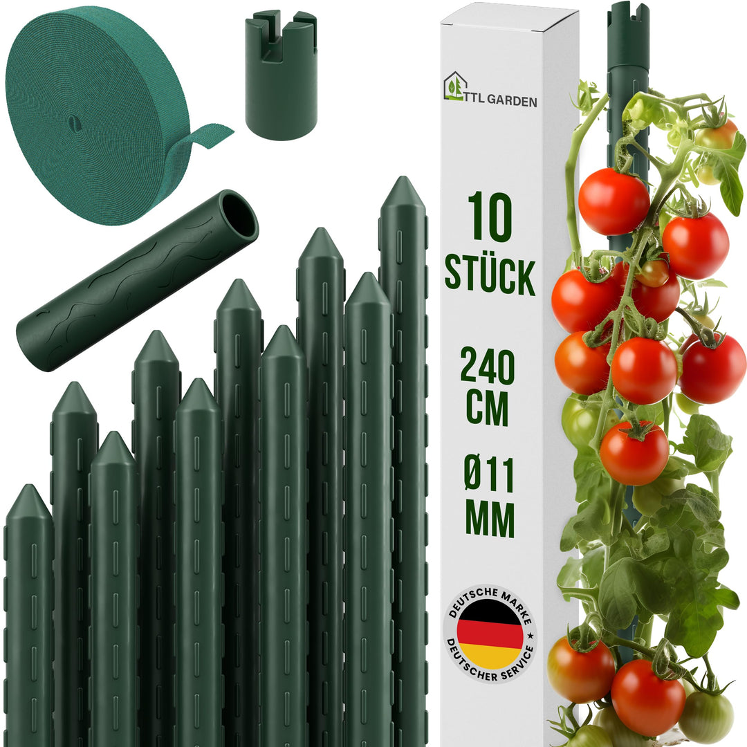 TTL GARDEN Rankstäbe 15er Set 240 cm x 11mm Ø grün + Klettband &amp; Clips | - Rankhilfe Pflanzstäbe Sta