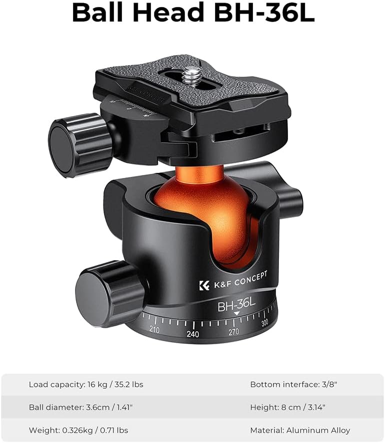 K&amp;F Concept 36mm Metal Stativkopf, Kugelkopf mit niedrigem Profil, Ball Head mit Arca Swiss-Schnellw